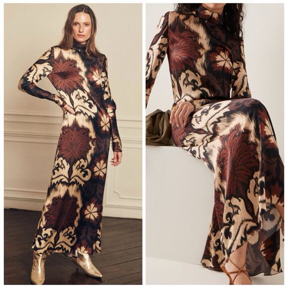 Johanna Ortiz Silk Maxi Dress Long Sleeve Gown $1750 Black Burgundy Red Size 6 - Picture 1 of 14